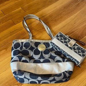 Coach denim and silver bag and wallet